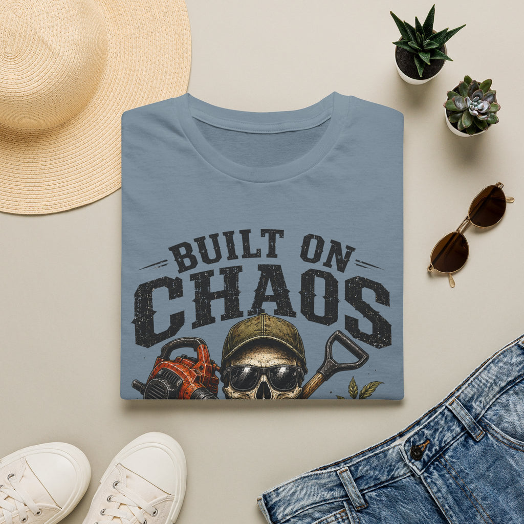 Built On Chaos. Landscaping Division. Operating On Caffeine and Bad Knees Since Sunrise. T-Shirt