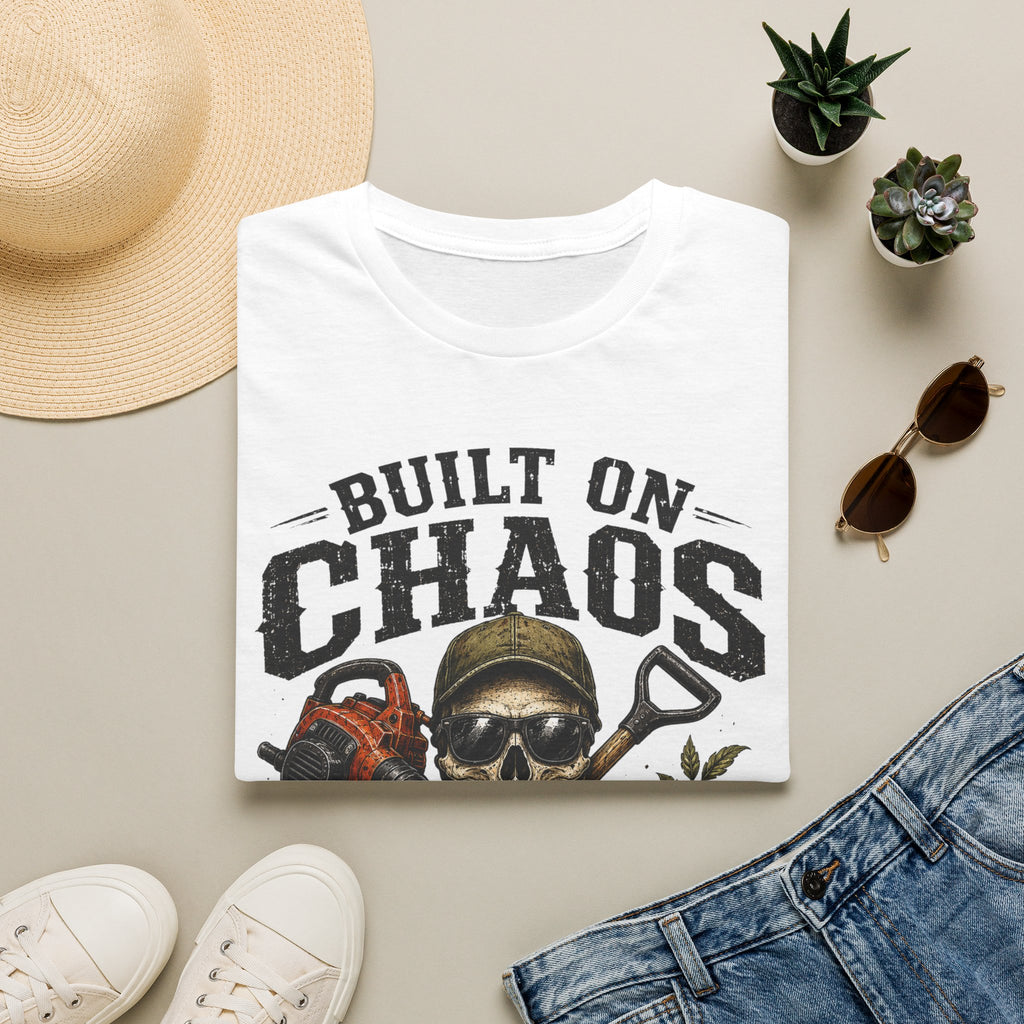 Built On Chaos. Landscaping Division. Operating On Caffeine and Bad Knees Since Sunrise. T-Shirt
