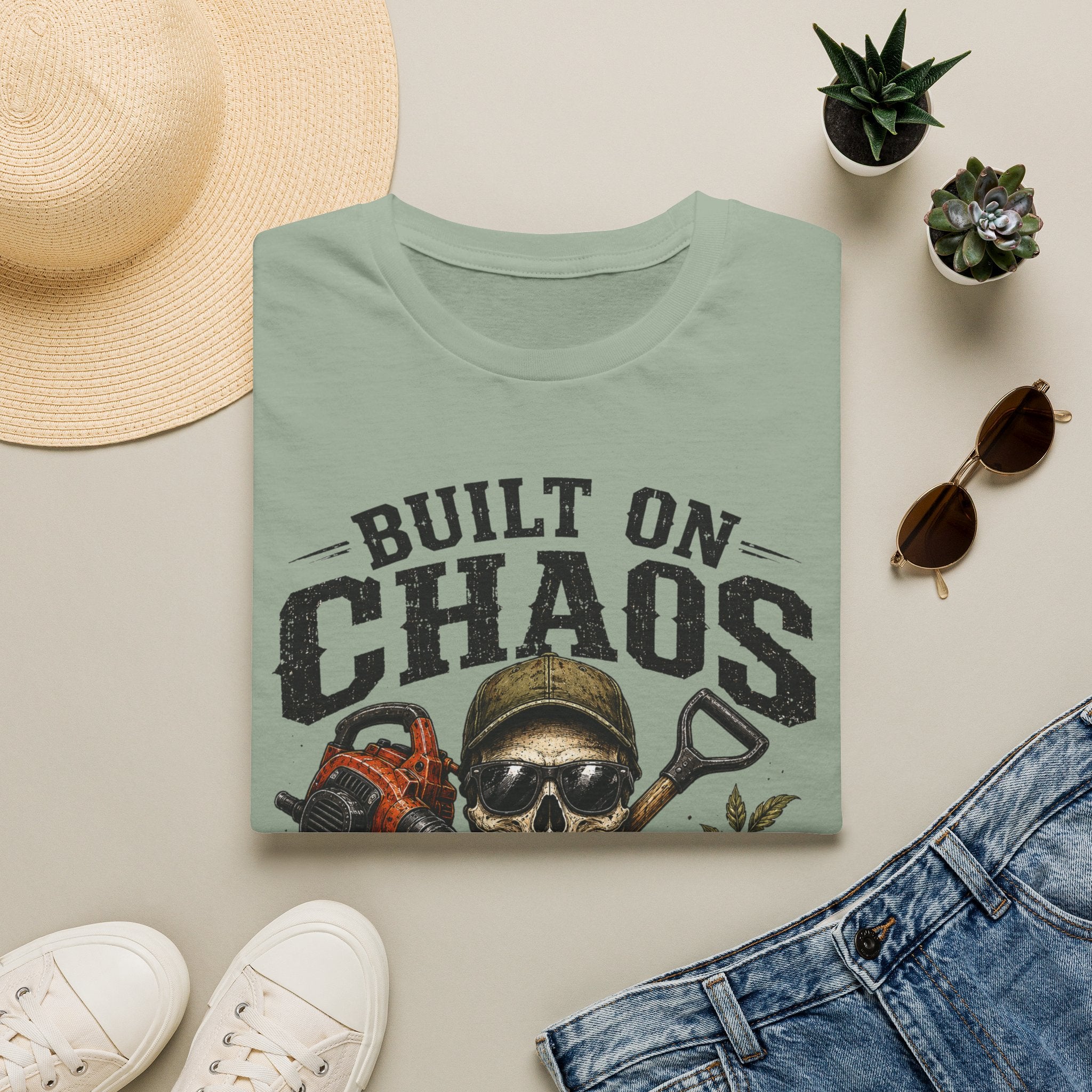 Built On Chaos. Landscaping Division. Operating On Caffeine and Bad Knees Since Sunrise. T-Shirt