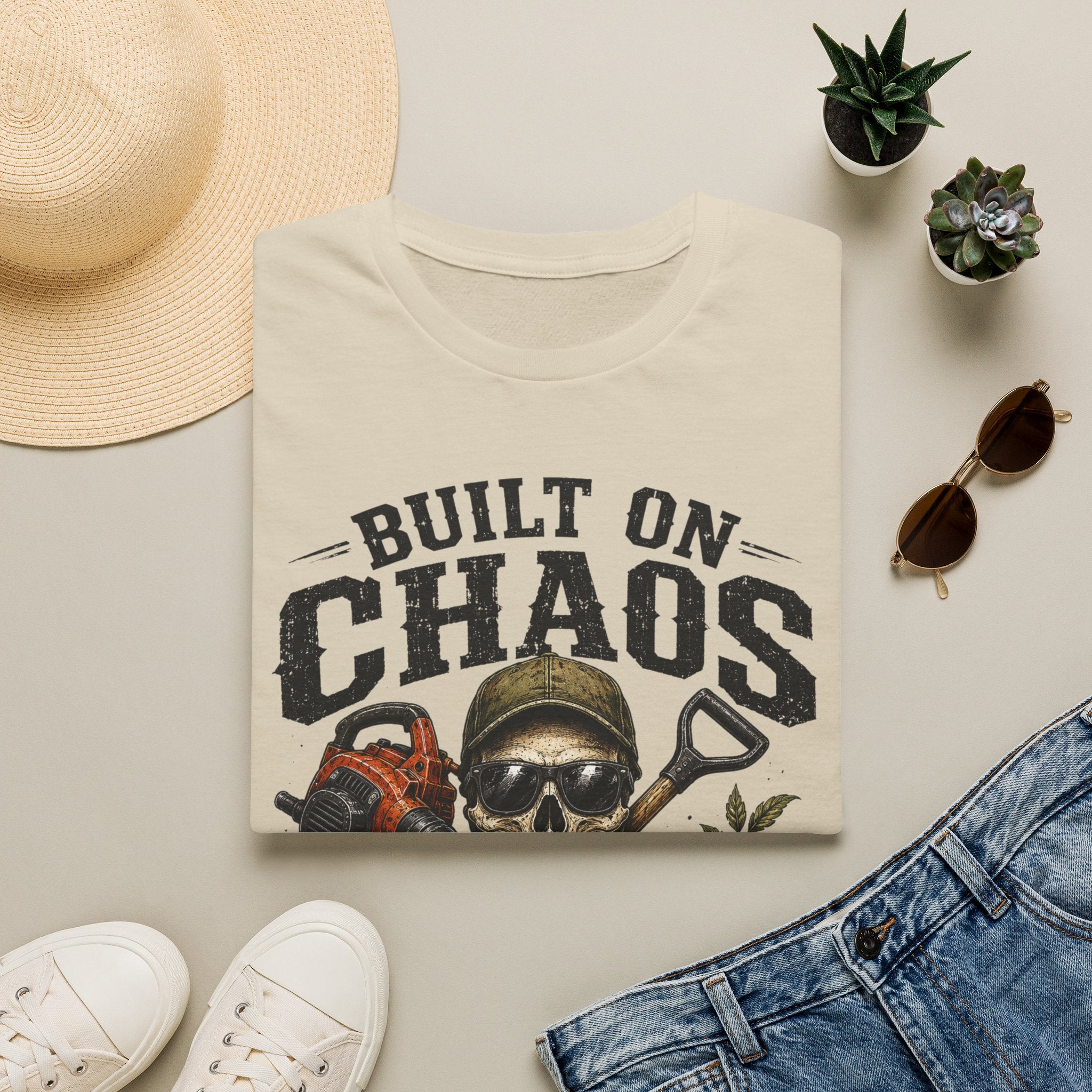 Built On Chaos. Landscaping Division. Operating On Caffeine and Bad Knees Since Sunrise. T-Shirt