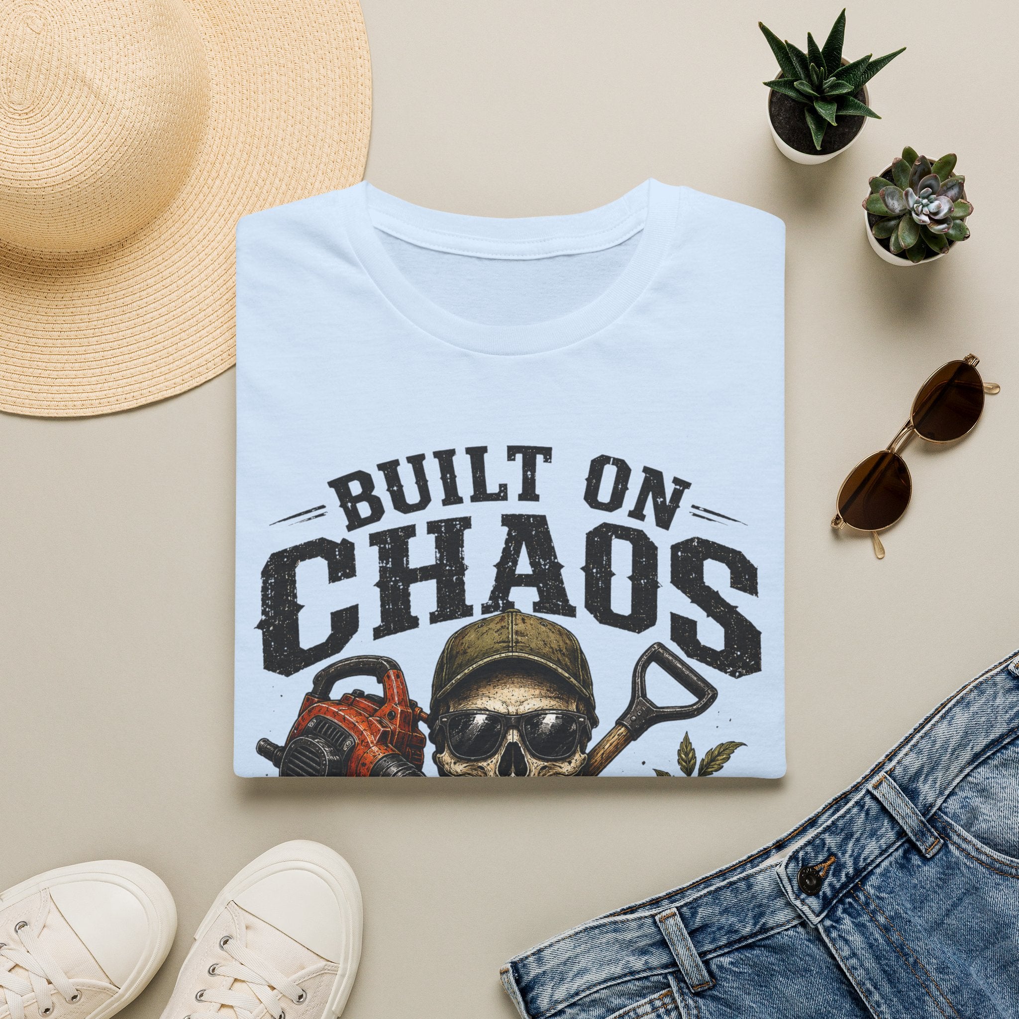 Built On Chaos. Landscaping Division. Operating On Caffeine and Bad Knees Since Sunrise. T-Shirt